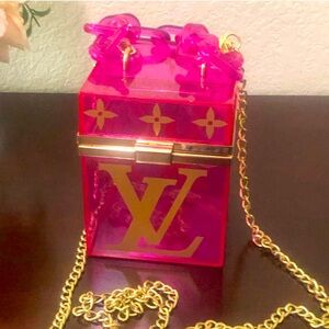 Designer Inspired Pink Box W/ Gold Chain or Matching Pink Handheld or. Cosmetic